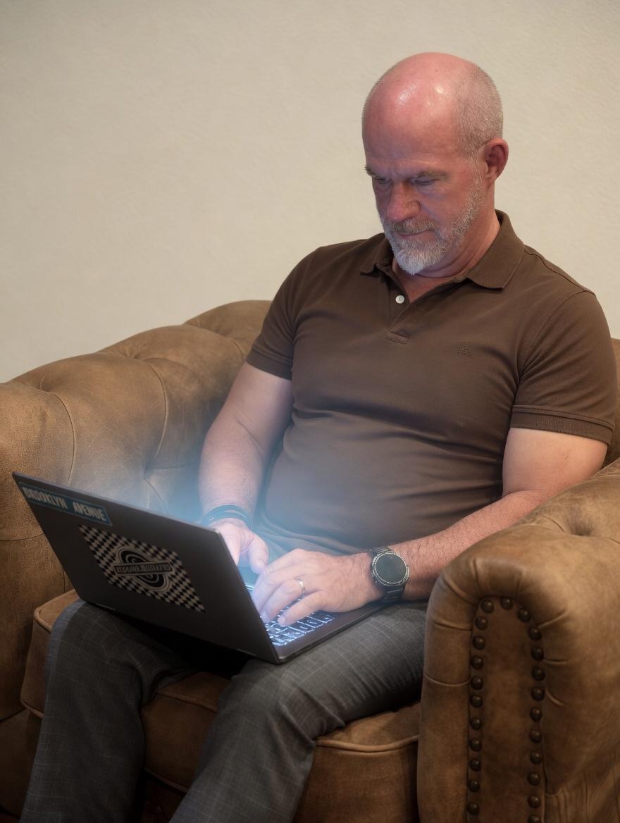 Seth Manwaring sitting in a leather club chair, focused on a laptop balanced on his lap, working on a Saturday afternoon.
