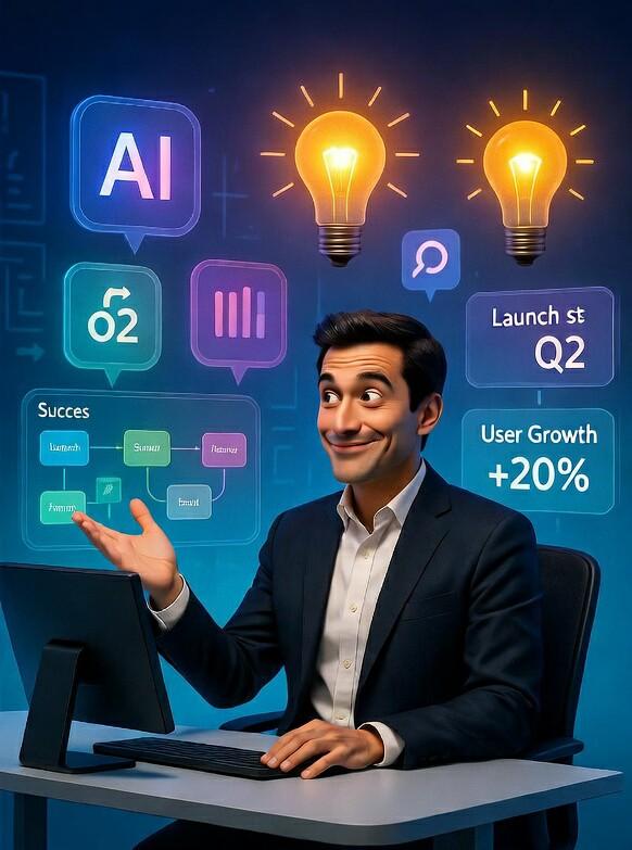 A confident, AI-native product manager smiling at his desk, surrounded by glowing AI icons, lightbulbs, a success flow chart, and a 'User Growth +20%' metric.