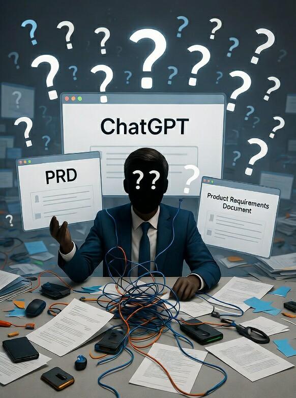 A product manager overwhelmed by AI: a faceless figure surrounded by question marks, tangled cables, and scattered papers, with ChatGPT and a PRD on screens behind him.